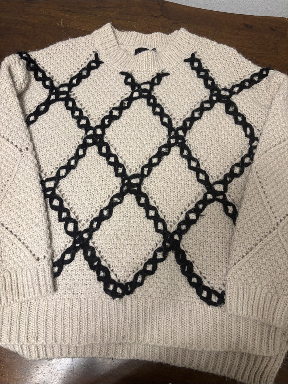 Cream Crewneck Sweater with Black Lattice Diamond Detail